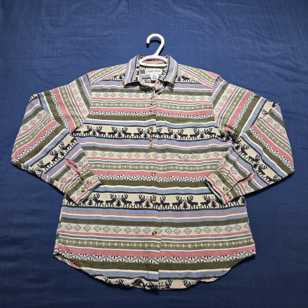 Cabin Creek Top Womens VTG Small Winter Moose Stripe Cotton Button Long Sleeve